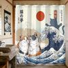 Relaxed Cat Shower Curtain, Japanese Art Great Wave Sunset Design, Fun Vacation Scene Print, Unique Aesthetic Bathroom Decor