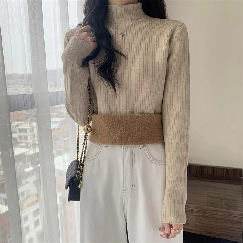 Pullover Autumn and Winter Sweater Women's Fleece Thickened Integrated Fleece with Semi-turtleneck Pullover Bottoming Knitted Sweater Thermal Top