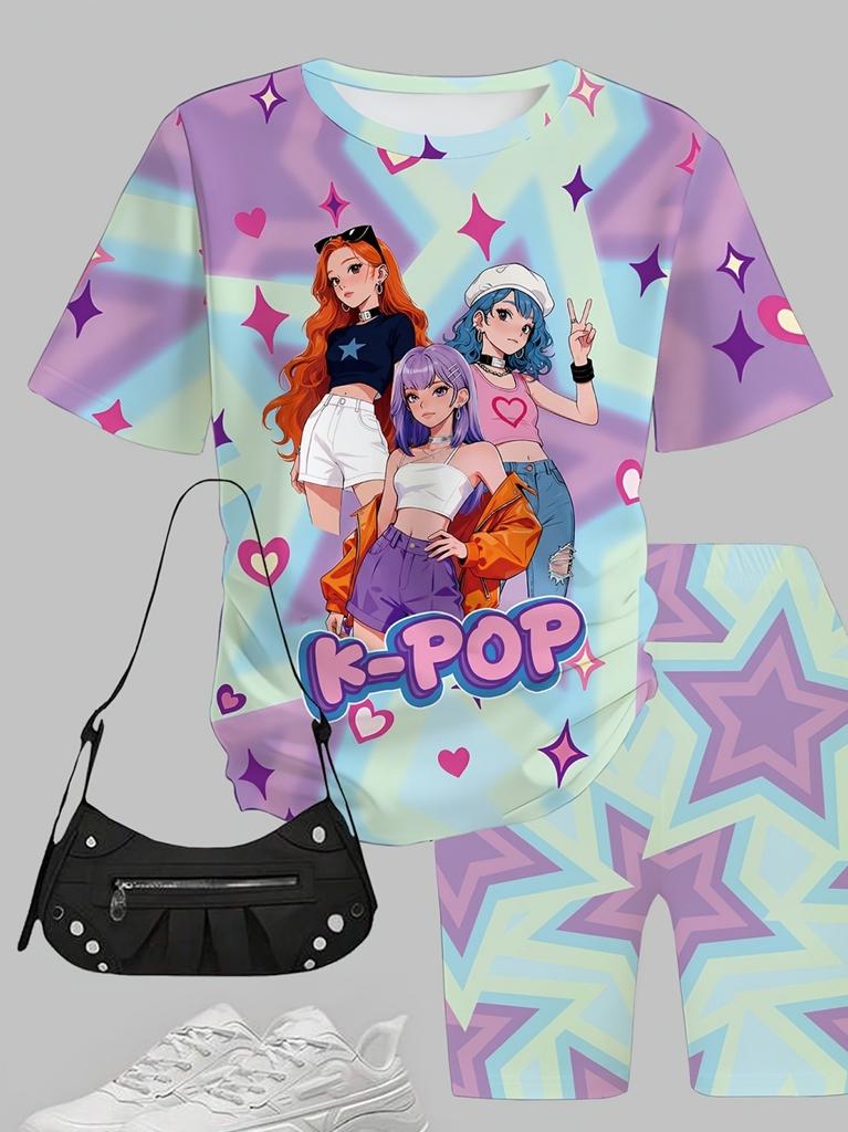 Summer Kpop Popular Cartoon Print Children Clothing Short Sleeve Shorts Set Featuring Casual Harajuku Children Clothes Girl Set
