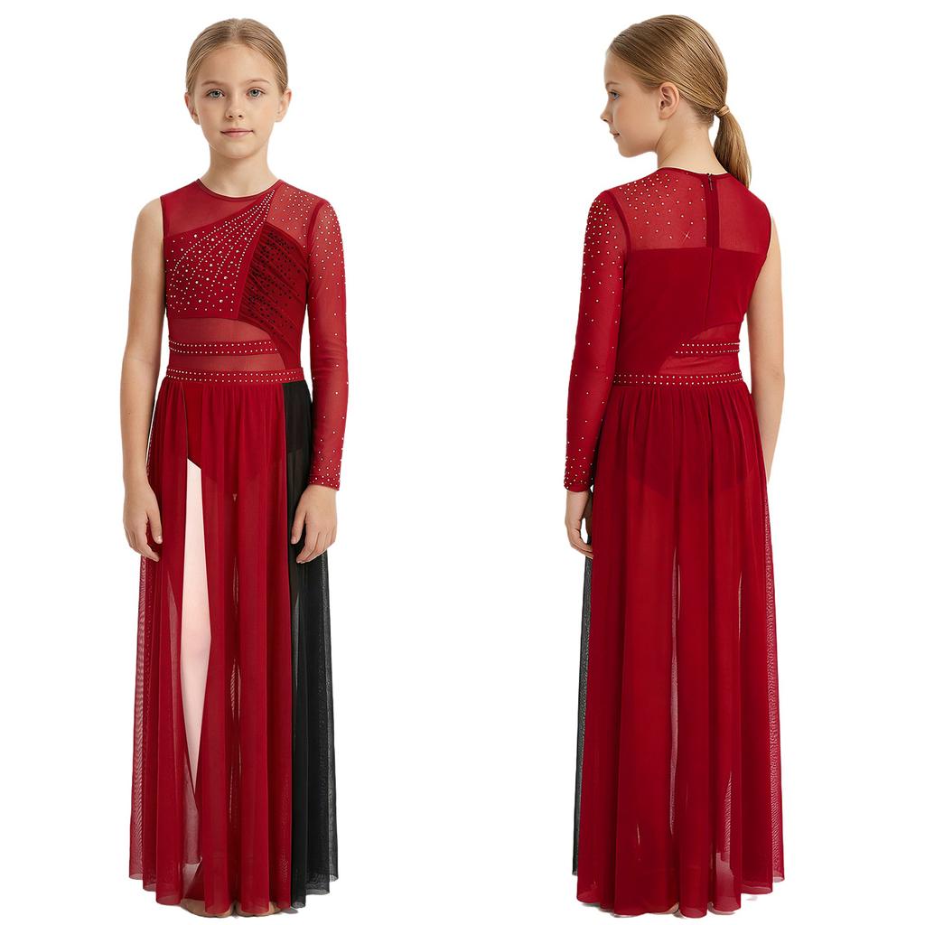 Kids Girls Stage Performance Dress: Back Invisible Zipper Color Block Mesh Patchwork Side Split with Shiny Rhinestones for Lyrical Dance