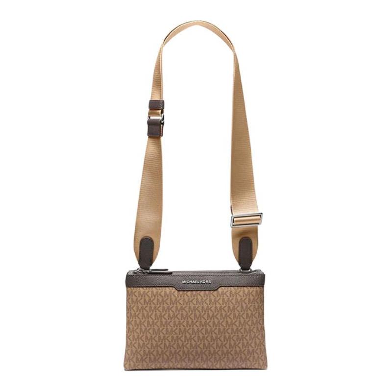 MICHAEL KORS Hudson monogram printed silver hardware coated canvas crossbody bag men s light brown серебряный