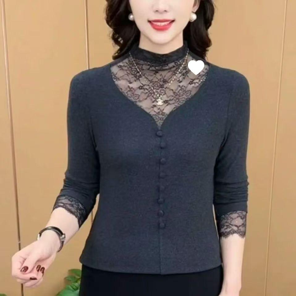 

Stylish Lace Mesh High Neck Long Sleeve Slimming Top for Women 5XL сірий колір