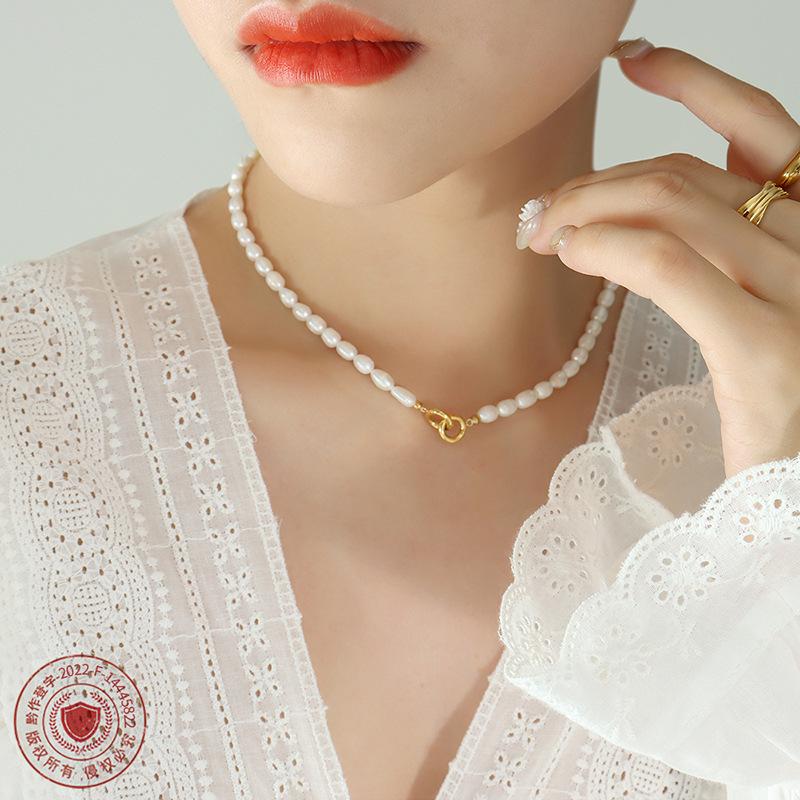 No Fading Niche Light Luxury Double Ring Buckle Freshwater Pearl Chain Celebrity Titanium Steel Gold-Plated Necklace Does Not Fade