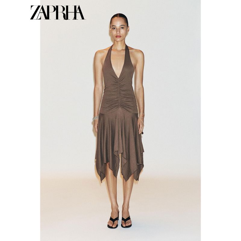 Zaprha 2025 Summer New Elegant Neck Collar Bow Backless Asymmetric Dress 4174814