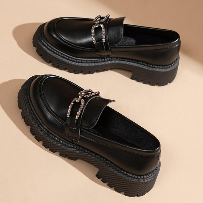 Plus Size 35-42 British Style Thick Soled Black Women's Leather Shoes New Spring and Autumn Thick Heel Loafers Women's Pumps
