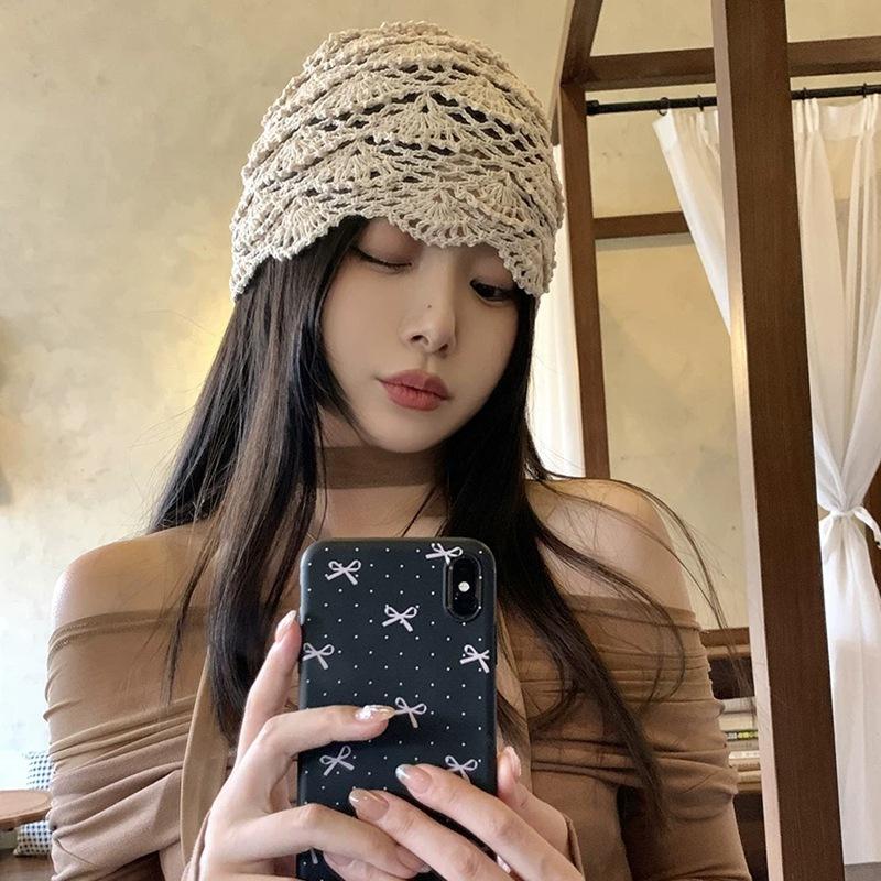 Hand-Knitted Hollow Out Turtleneck Hat For Women Spring Autumn Lightweight Breathable Yarn Bucket Hat Summer Trendy Overhead Hat
