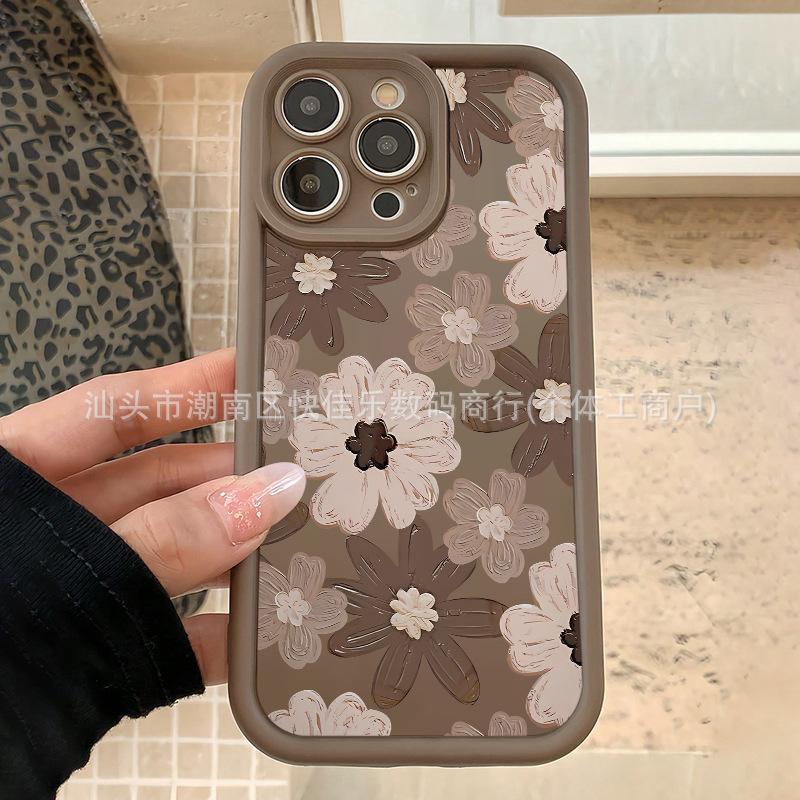 Vintage Brown iPhone Apple 11/12/13/14/15Pro Flower Phone Case 16/17ProMax Anti-drop