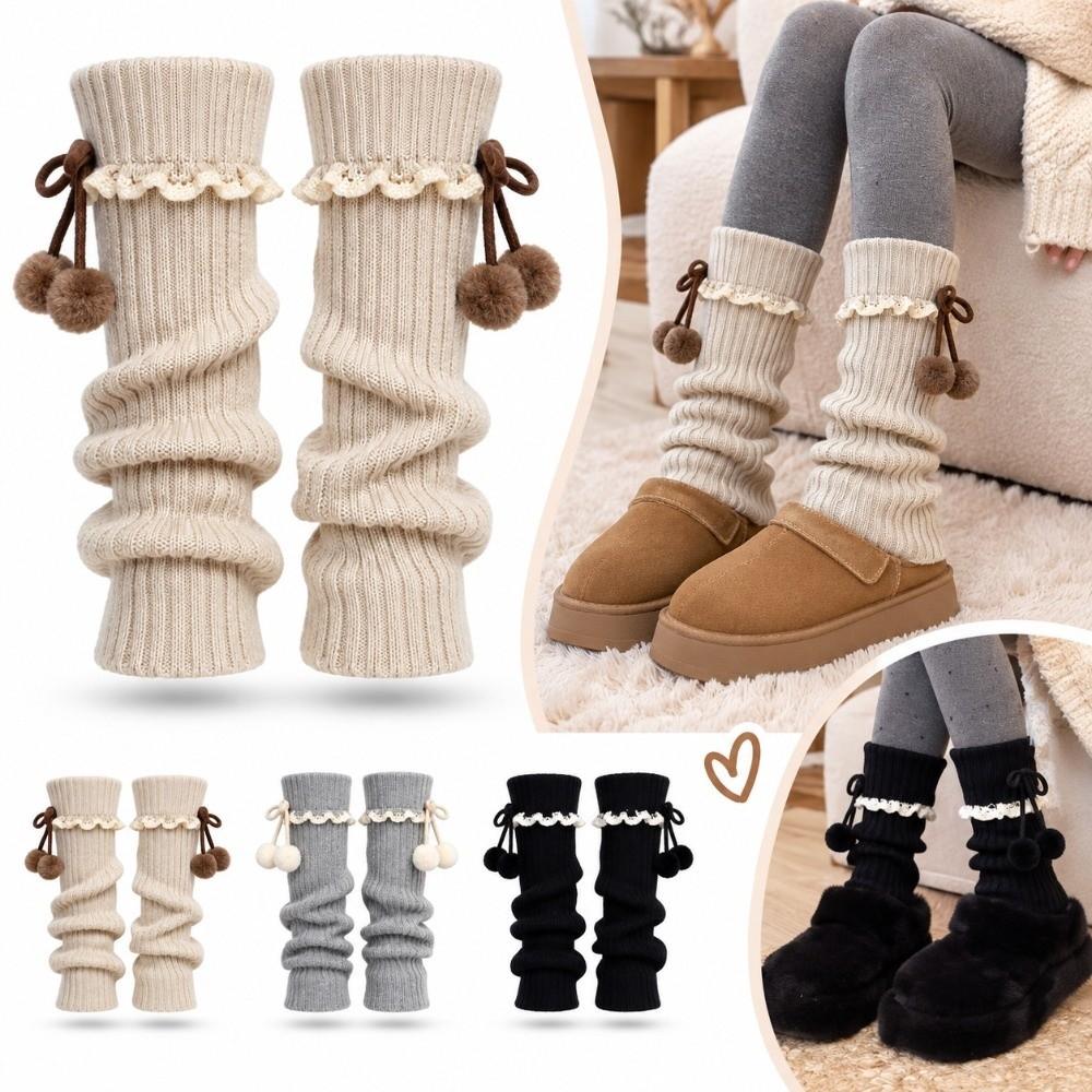 1 Pair Thickened Knit Pom Pom Leg Warmer Slouch Silhouette Knit Leg Sleeve  Jk Uniform Lolita Outfit