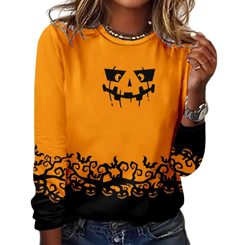 Women's Halloween 3D Printed Pumpkin Face Bat Long Sleeve Shirt Autumn Loose Casual Polyester Round Neck Fashion Casual Top