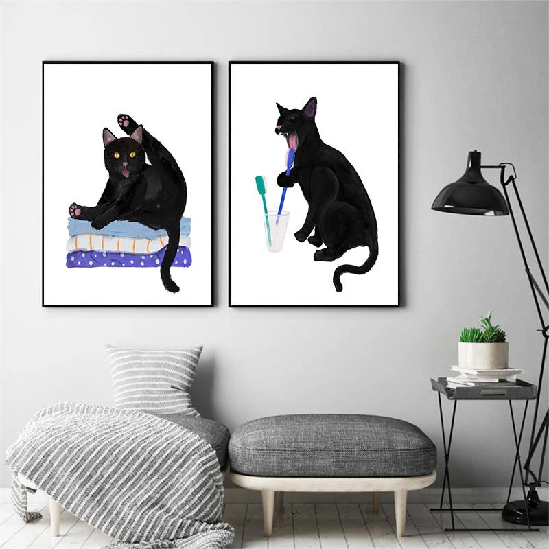 Funny Modern Cute Black Cat In Bath Artwork Posters Decoration Canvas Paintings And Prints For Washroom Toilet Living Room Decor