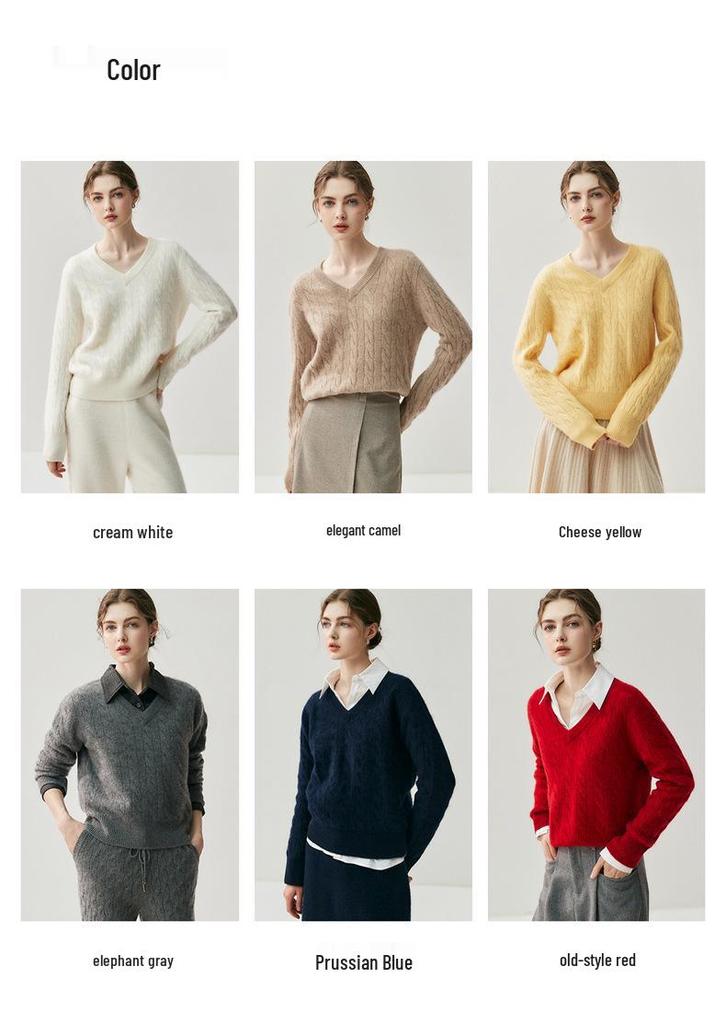 Korean Style V-neck Cable Knit Cashmere Sweater - Retro Autumn/Winter Women's Pullover in Solid Color.