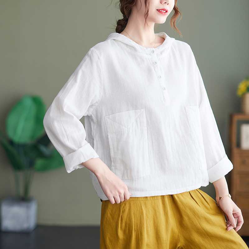 Loose Versatile Casual Top Women Hooded Shirt Spring Button Pocket Simple Loose Comfortable Blouse Plus Size