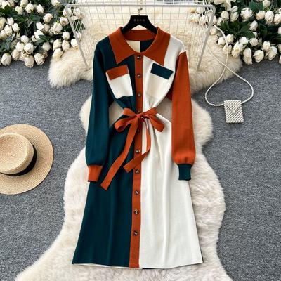 Abito Maglione Casual da Donna Autunno Primavera con Collo a Revers Manica Lunga Maglia con Lacci Abiti Pullover