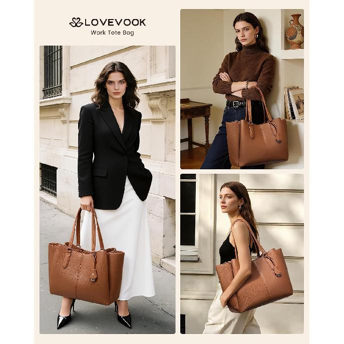 LOVEVOOK Laptop Tote Bag for Women 15.6 In Work Bags with Triple Compartments Large Faux Leather Computer Office Briefcase