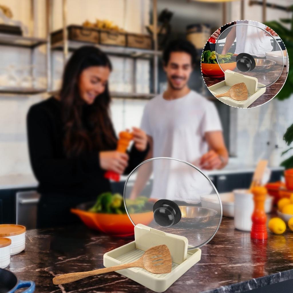 Kitchen Utensil Pot Lid Storage Holder Kitchen Counter Spoon Rest Holder With Lid Cooking Spoon Organizer Shelf Accessories