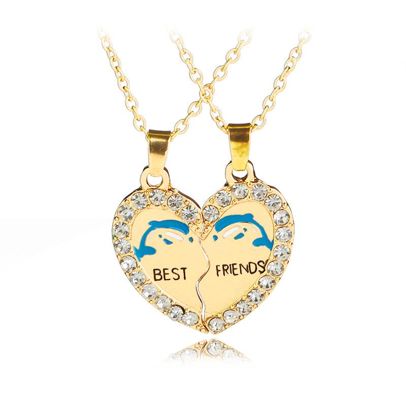 Rhinestone Heart Necklace: European & American Heart Metal Pendant with Best Friend Letter