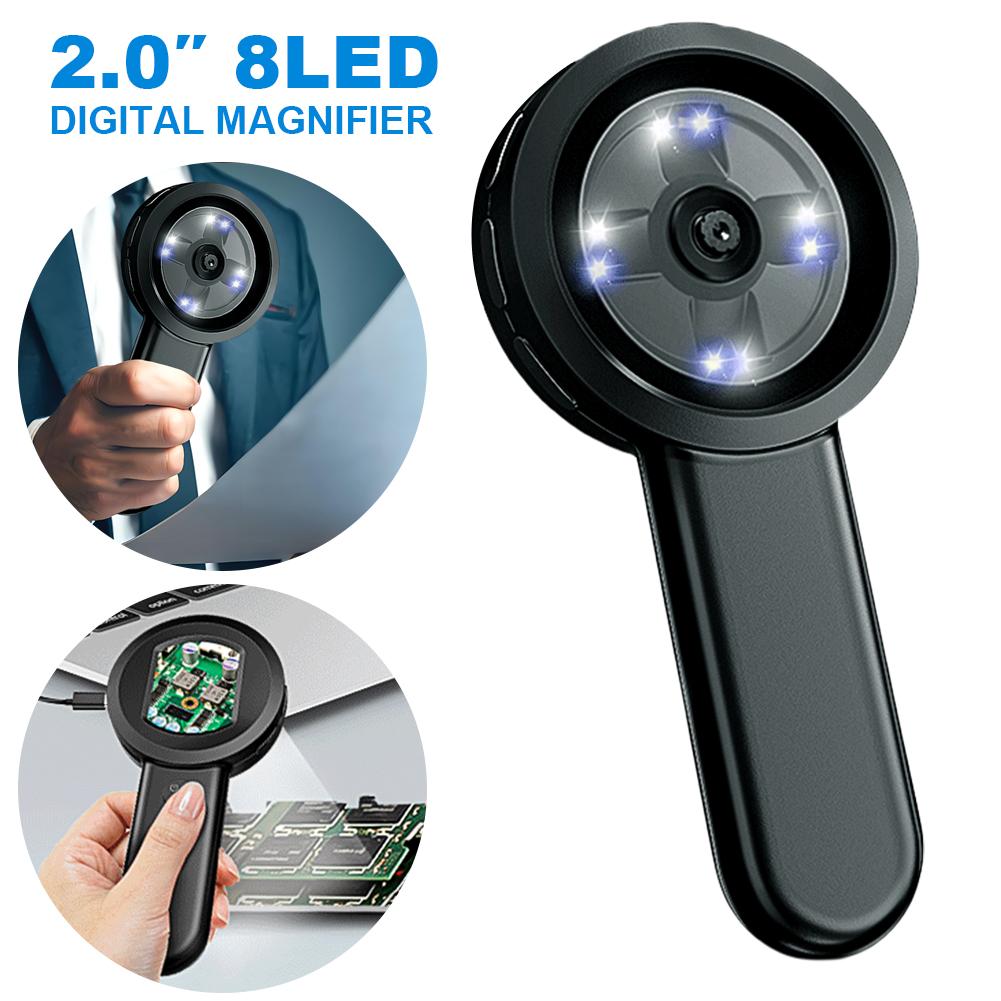 2‘’ Digital Microscope 100X Zoom Magnifying Glass with 8 LED Light Rechargeable Illuminated Magnifying Glass for Seniors Reading