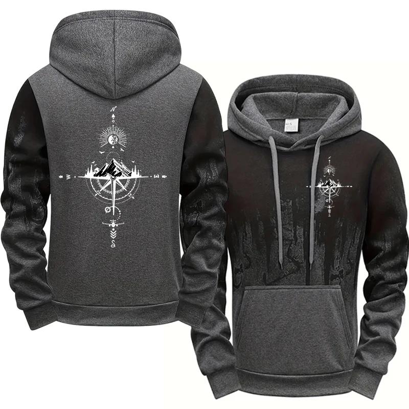 Urban Fashion Streetwear Tops Men's Hooded Sweatshirts Vintage Compass Print Hoodies All Season Daly Casual Sporty Pullover