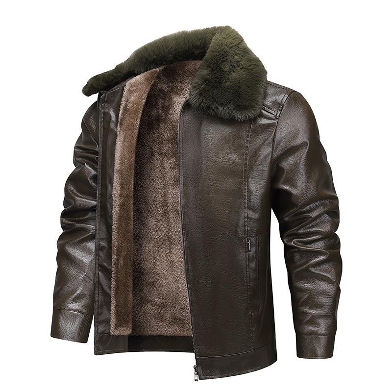 Men's Brown Faux Leather Jacket Fleece-Lined Warm Winter Coat with Fur Collar