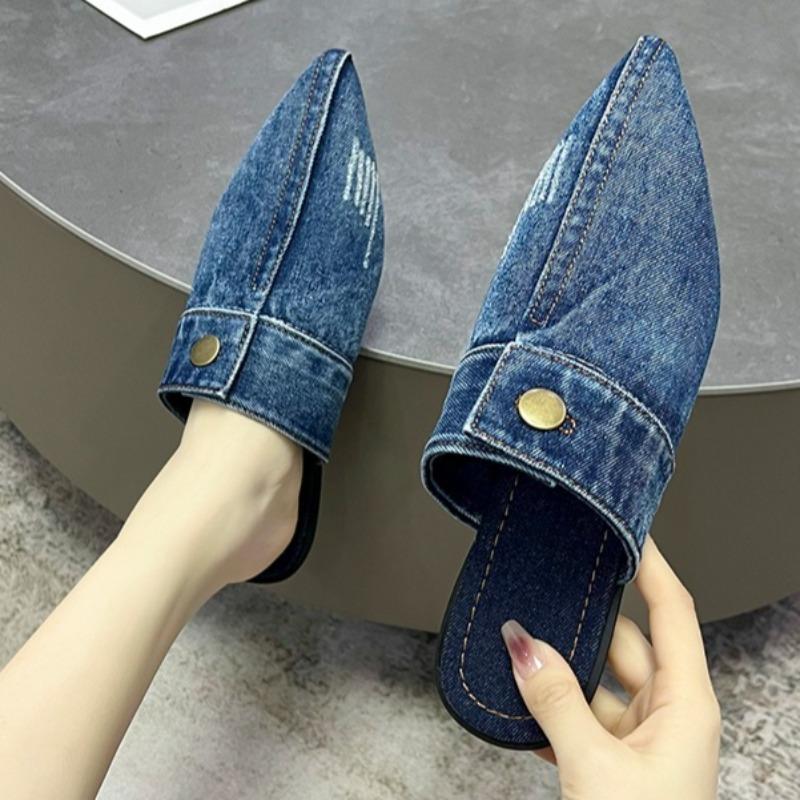 

Осень Новые Остроносые С Глубоким Вырезом Клепки Мягкая Подошва Нескользящие Износостойкие Балетки Модные Джинсовые Шлепанцы 36