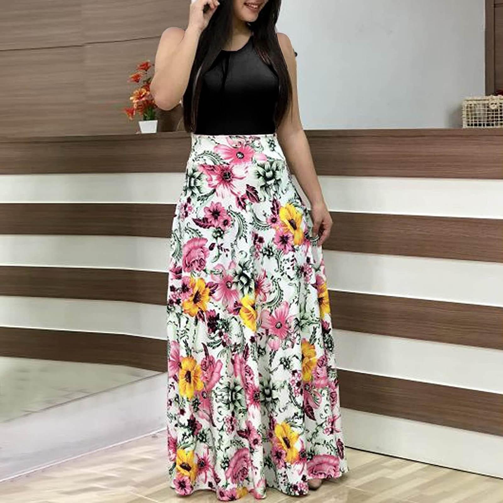 

Women s Fashion Casual Print Round Neck Short-Sleeved Large Size Long Dresses M білий