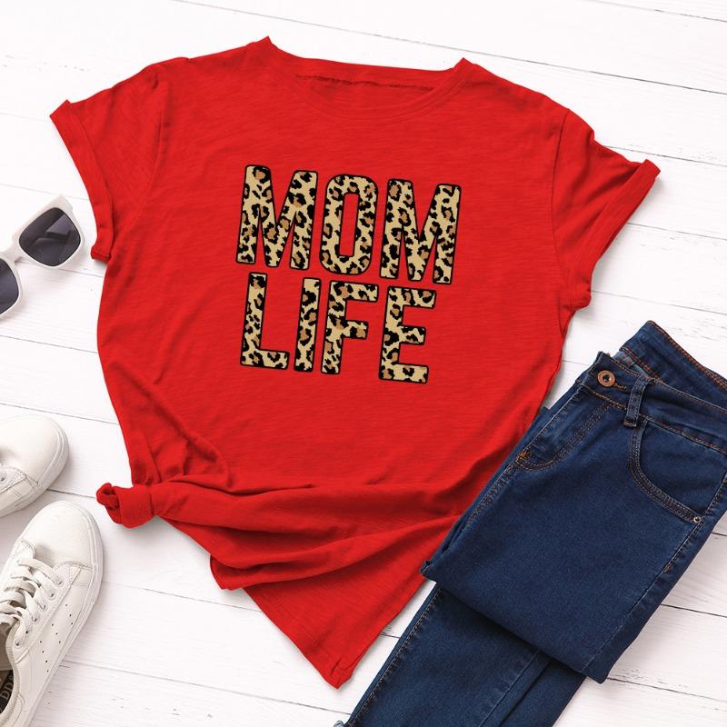 Summer Women's Leopard Print Creative Text MOM LIFE Print Loose Round Neck Short Sleeved Pure Cotton T-Shirts Women’s