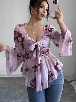 Französisches Florales Asymmetrisches Netzhemd - Elegantes, Sexy, Lässiges Urlaubs-Top