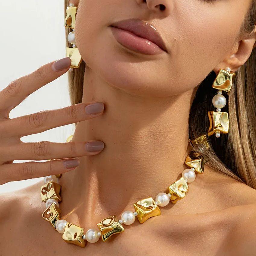 Salircon Boho Irregular Splicing Geometric Necklace Earrings Women Jewelry Set Retro Imitation Pearl Bead Necklace Banquet Gift