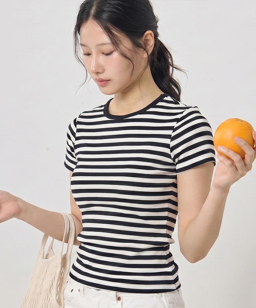 Ssaikeullin Organic Cotton Built-In Braless Short Sleeve Tee (Striped)