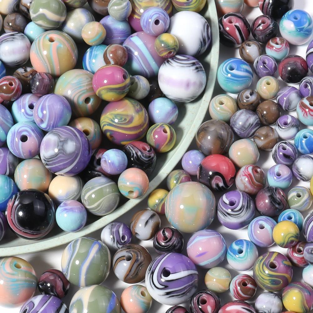 10-50pcs 8/10/12/16mm Resin Beads Ink Wash Oil Painting Style Round Loose Bead For DIY Jewelry Making Bracelet Necklace Supplies