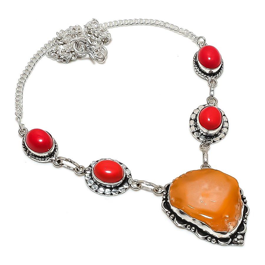 Natural Agate Geode Slice, Coral 925 Sterling Silver Jewelry Necklace 18" z2z47