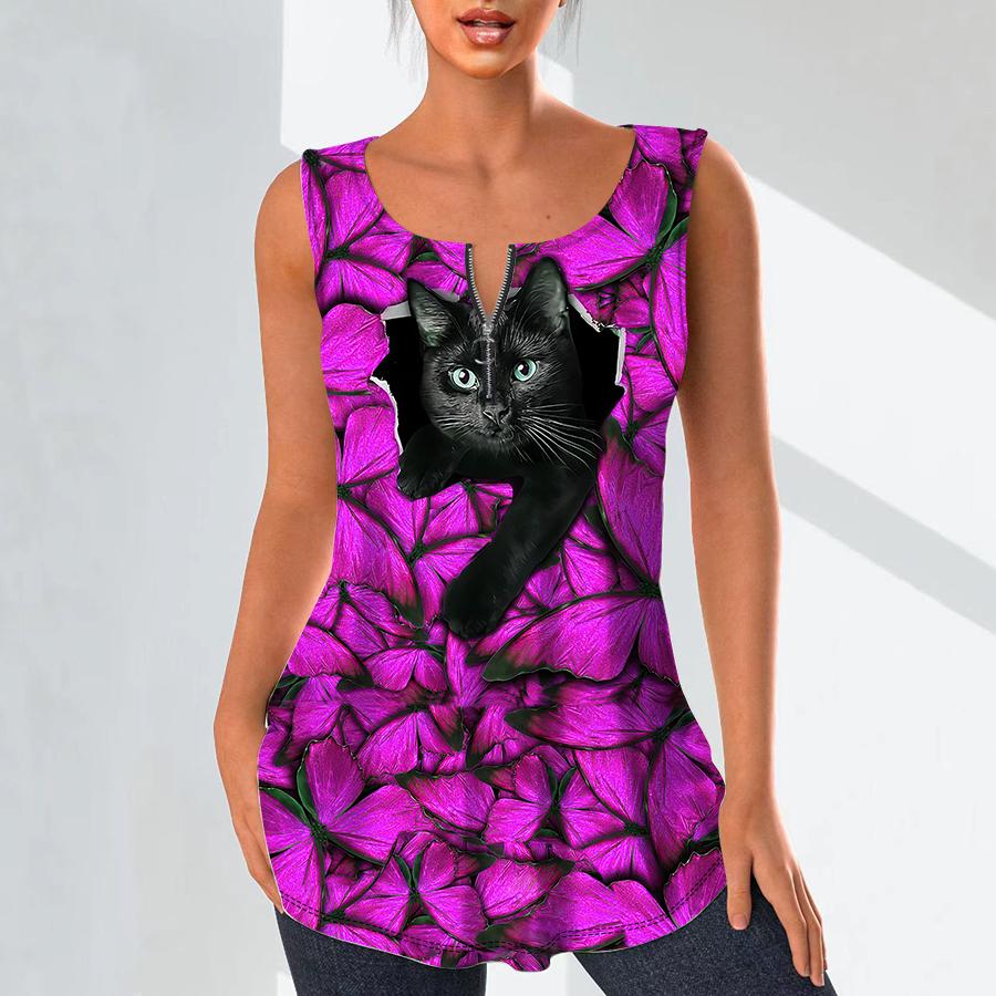 Women's Fashion V Neck Shirts Casual Tops T-shirt Ladies 3D Black Cat Print Vest Plus Size Sleeveless Blouse Tank Tops