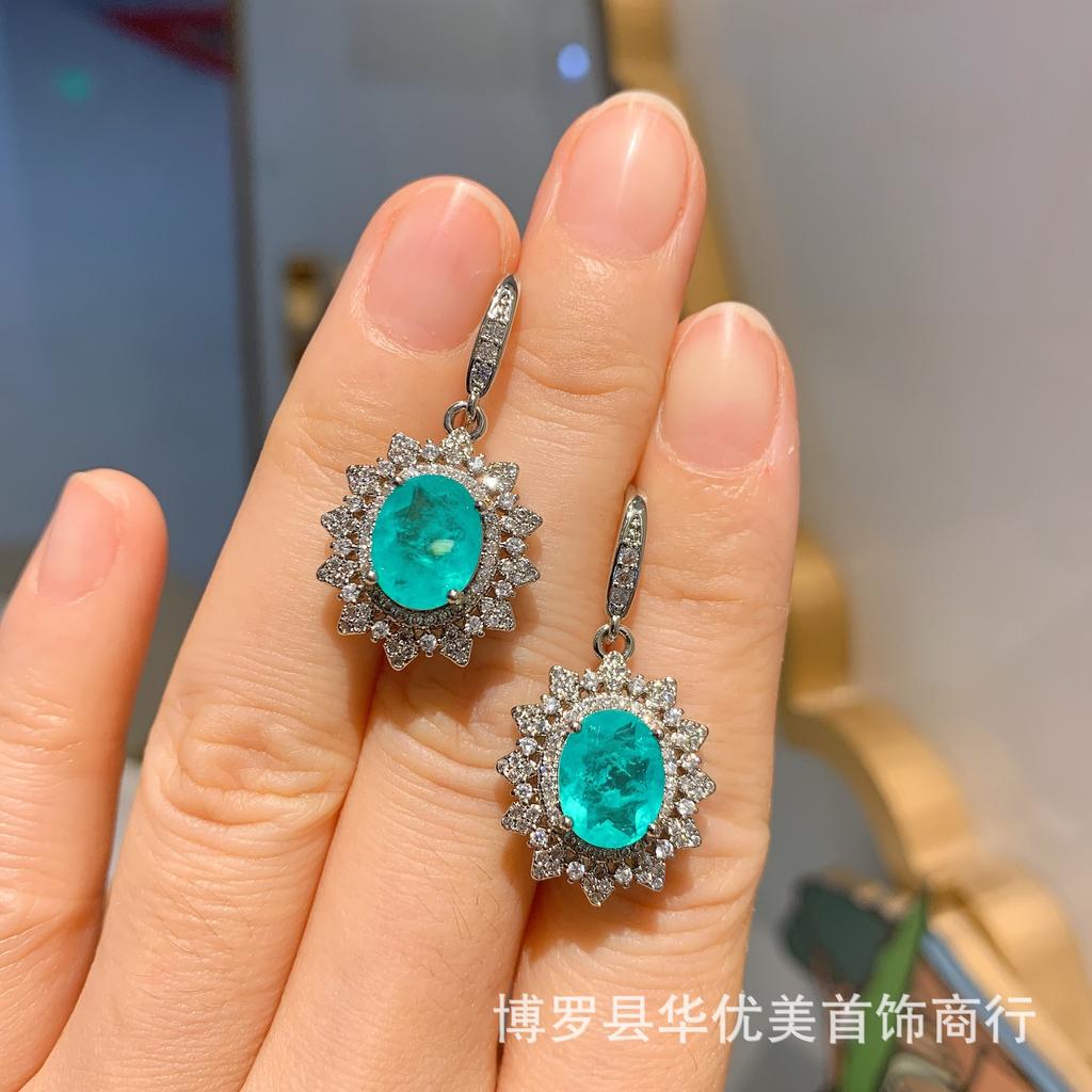Internet Celebrity Live Broadcast Circular Simulation Paraiba Set Pendant Necklace Ring Earring Wedding Jewelry Three Piece