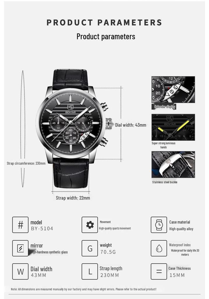 Binyan Men's Multifunction Quartz Watch - Fashion Leather with Calendar 5104
