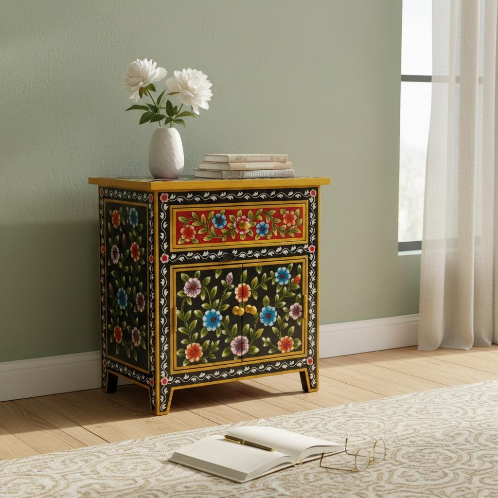 Indian Hand Painted Wooden Cabinet | Floral Mango Wood Storage Table | Black Multicolor Side Cabinet | Rajasthani Art Bedside Table