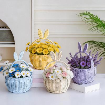 Flower Arrangement Basket, with Built-in Waterproof Lining Design, Weaving Cute Bunny Ear Handle Floral Basket for Wedding Camping
