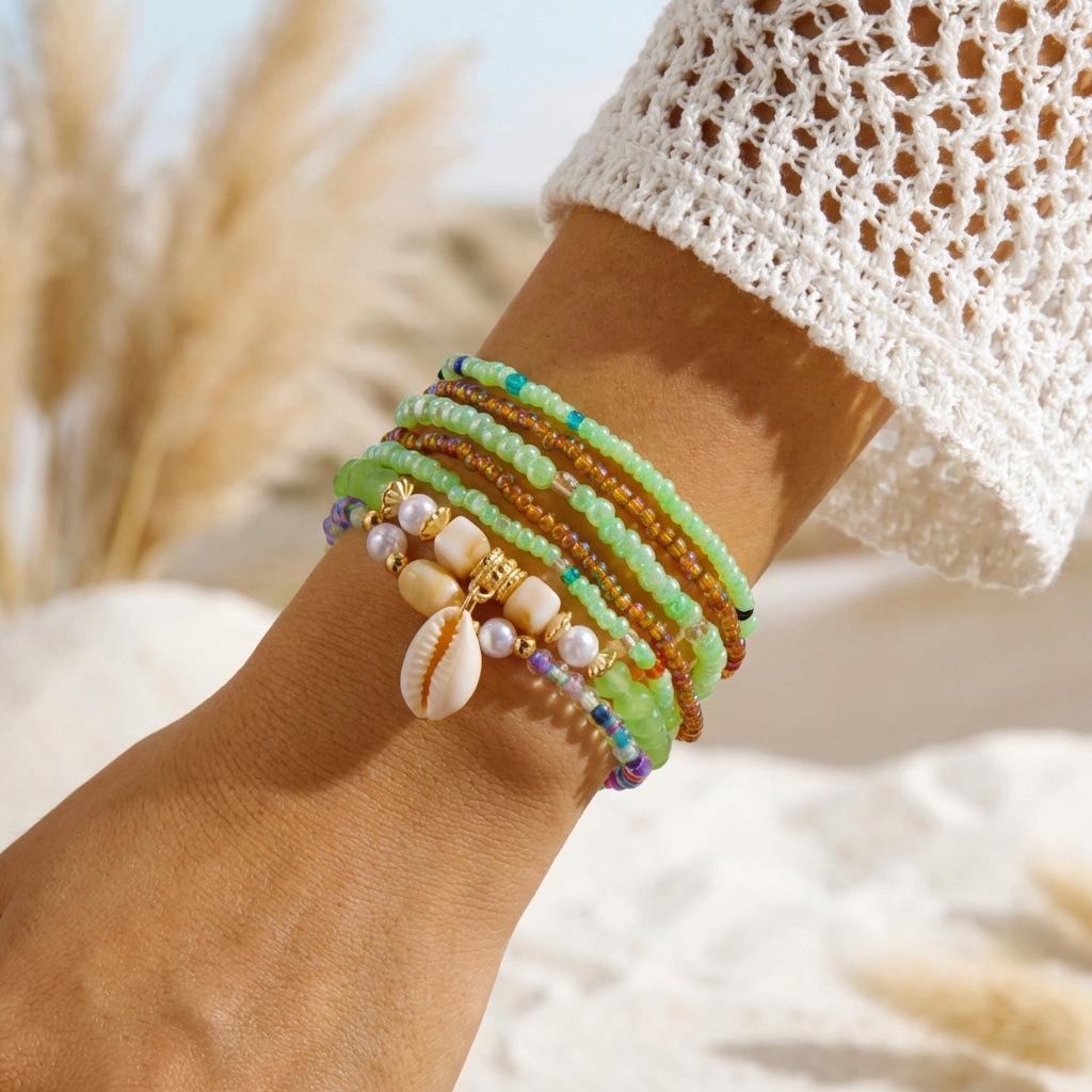 Bohemian Shell Set Bracelet Pendant Versatile Niche Design Women's Rice Bead Multi-layer Elastic Bracelet