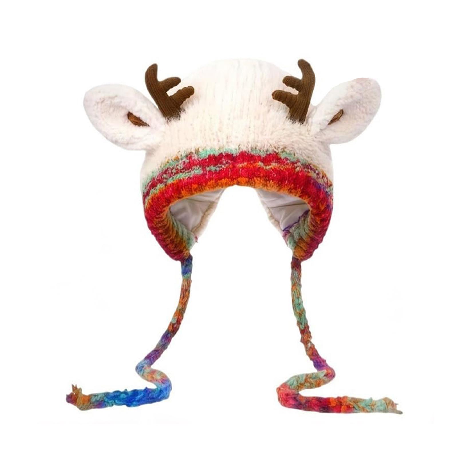 Festive Christmas Deer Storage Hat Antler Hat & Handbag 2-in-1 Windproof Foldable Knitted Reindeer Beanie Cap for Adults Kids M слоновая кость