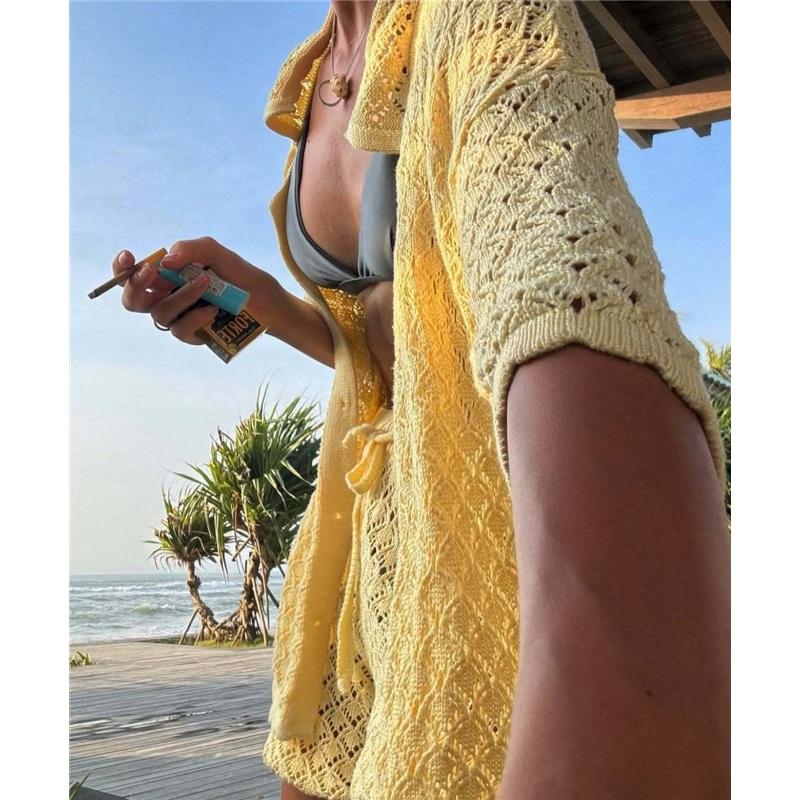 Knitted Crocheted Suit Skirt Multicolor Cardigan Buckle Skirt All-match Suit Beach Bikini Blouse Summer