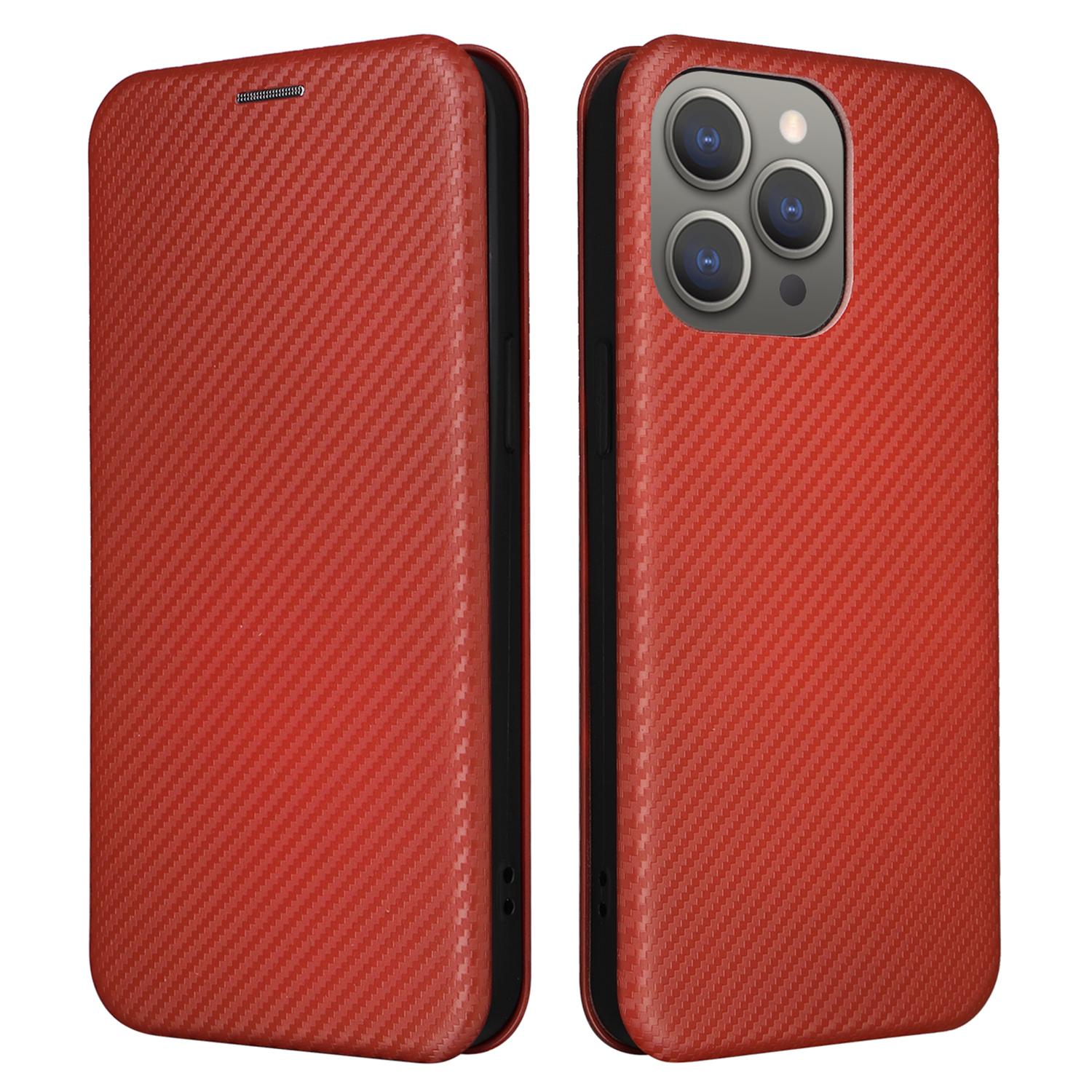 

Phone Case with Card Holder for iPhone 15 Pro Max,Carbon Fiber Texture Leather Stand Cover Brown