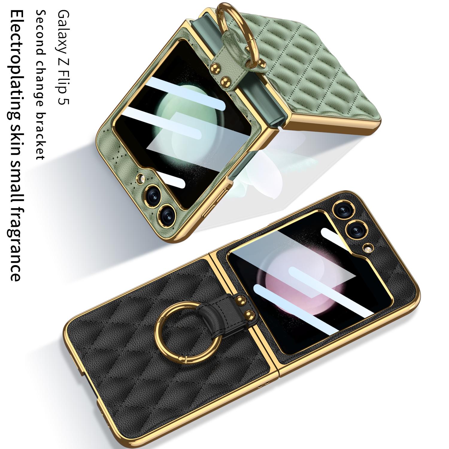 

Для Samsung Galaxy Z Flip 5 чехол из мягкой кожи с гальваническим покрытием, кольцевой кронштейн с зеркальной пленкой, складной противоударный защитный чехол for galaxy Z Flip 5