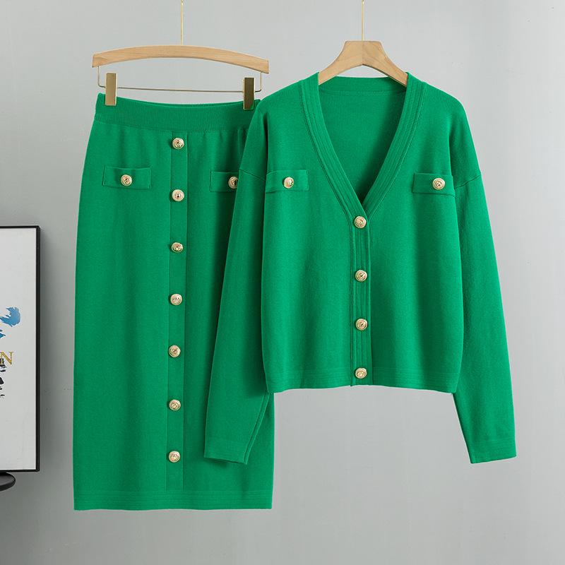 European & American Fragrance-Style Cardigan Sweater & Pencil Skirt Knitwear Set for Women - Spring & Autumn