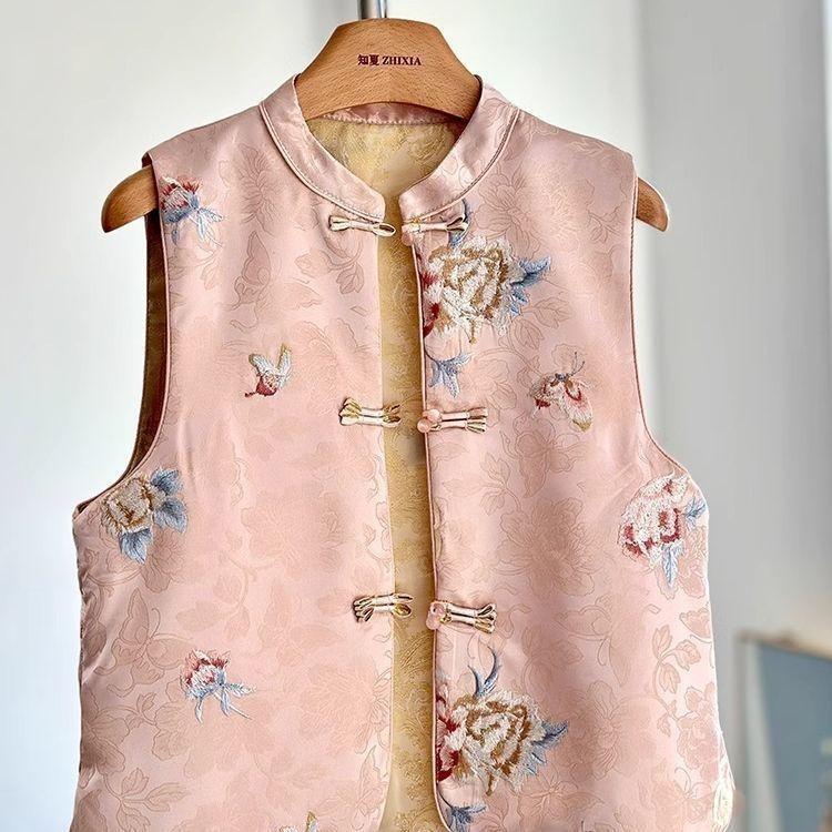 Spring and Autumn retro style buckle outer wear vest pink vest year embroidery improved women