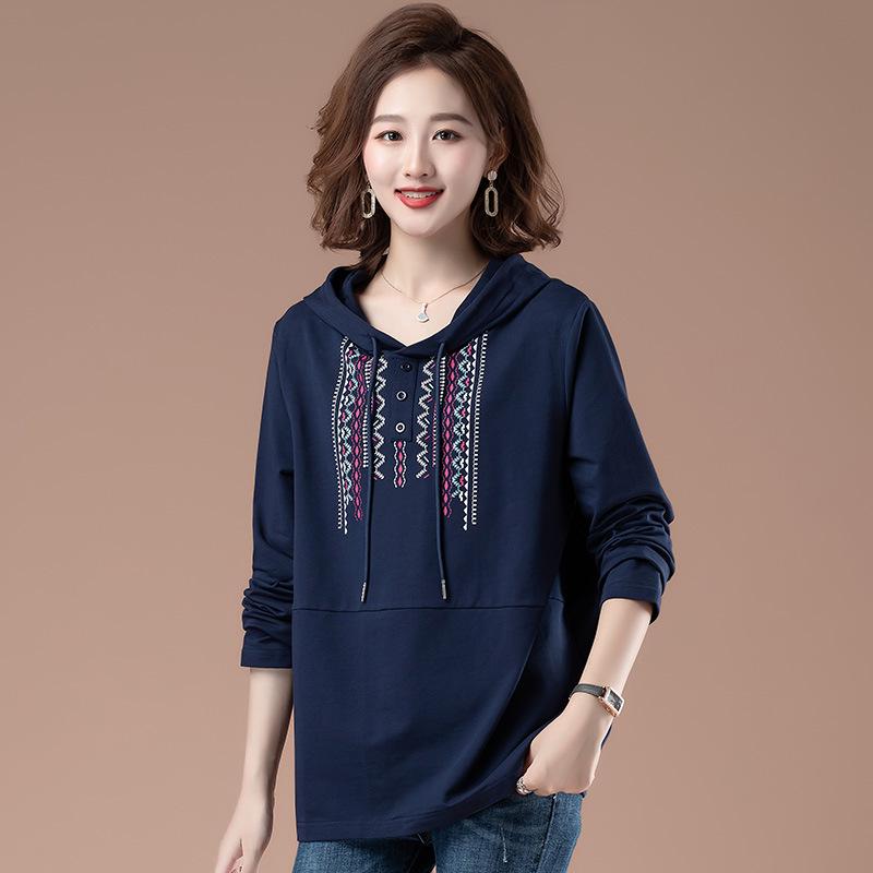 Women's Ethnic Style Cotton Hooded Sweatshirt - 2025 Spring/Autumn, Thin, Plus Size, Casual for Middle-Aged Mothers