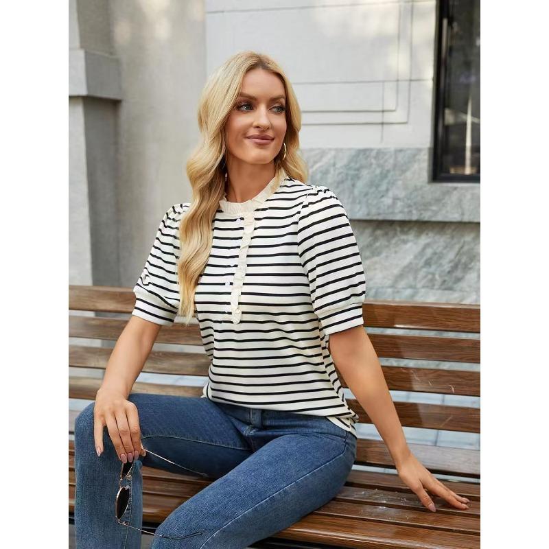 Women Casual Loose Striped Ruffled Collar Short Sleeve T Shirt Top