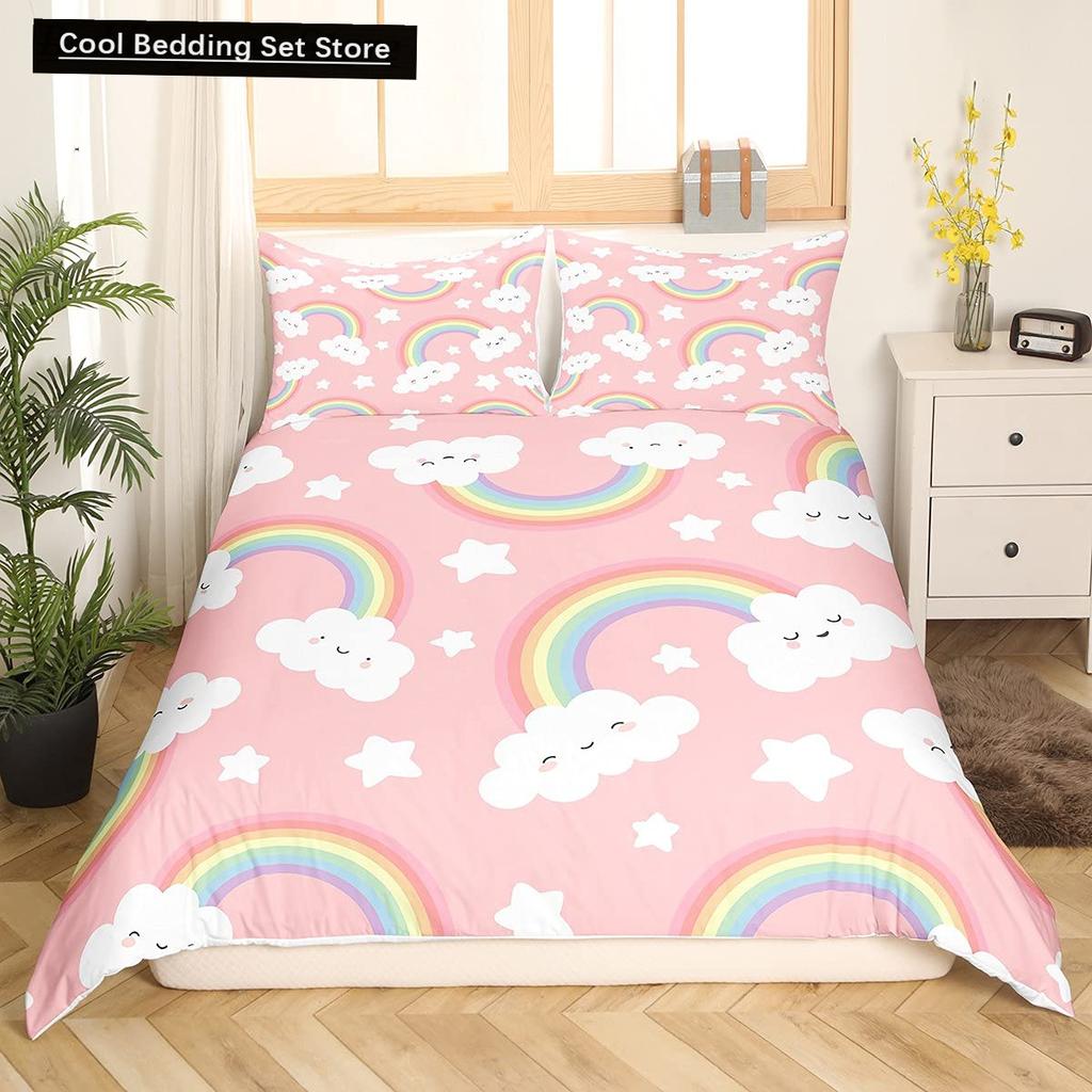 Cartoon Regenbogen König Königin Bettbezug Kinder Mädchen Bunte Wolken Bettwäsche Set Liebesherz Bettdeckenbezug Polyester Steppdeckenbezug