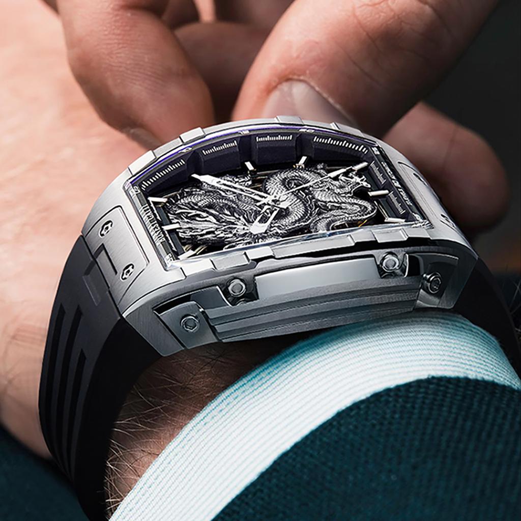 BONEST GATTI Men Fashion Automatic Mechanical Watches Rubber Strap Dragon Dial Luminous Classic Wristwatch for Men