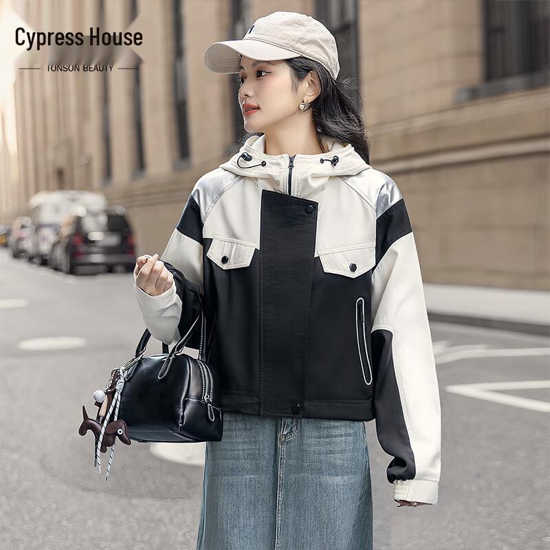 

Женская контрастная куртка с капюшоном, короткая, повседневная M