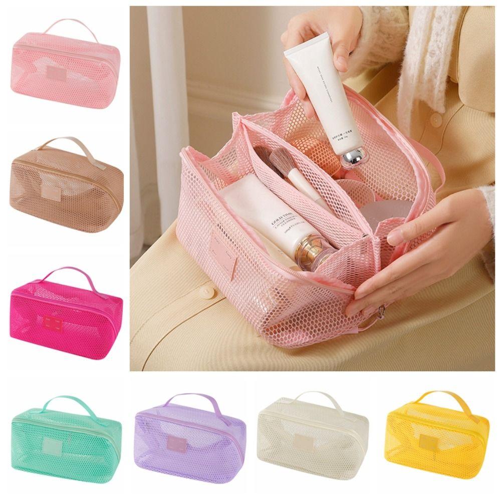 Solid Color Mesh Cosmetic Bag Zipper Toiletry Storage Bag Portable Makeup Pouch  Women/Girls