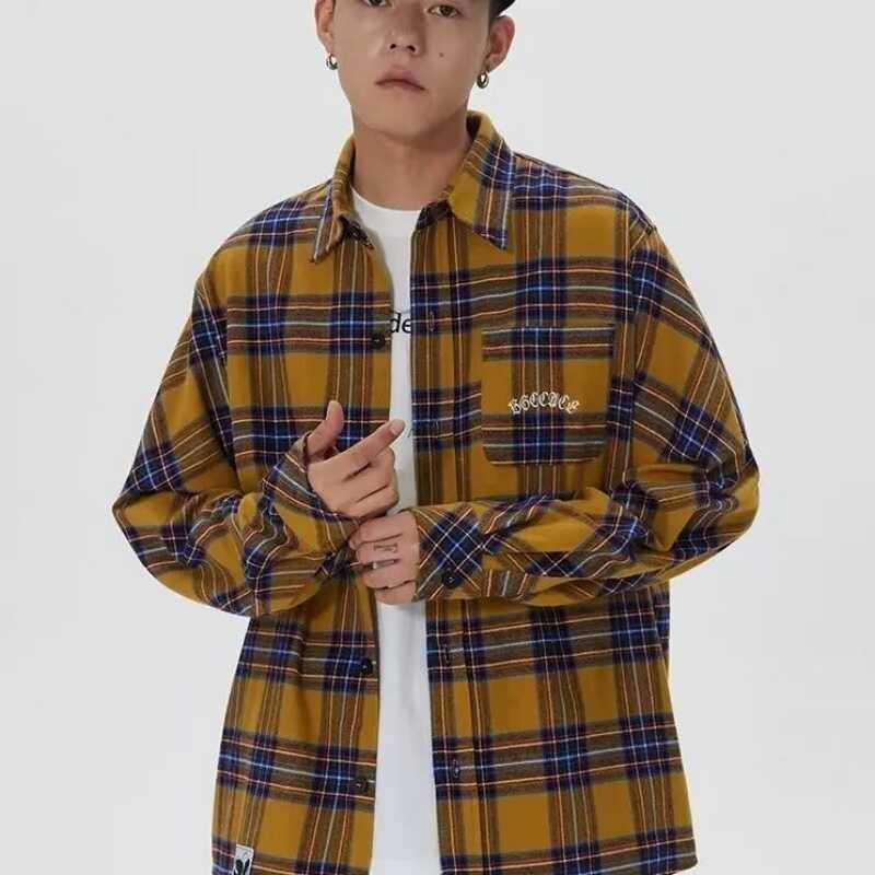 

Американская ретро мужская клетчатая рубашка с длинным рукавом - Осенний тренд, Свободный крой, Повседневная куртка для пары L